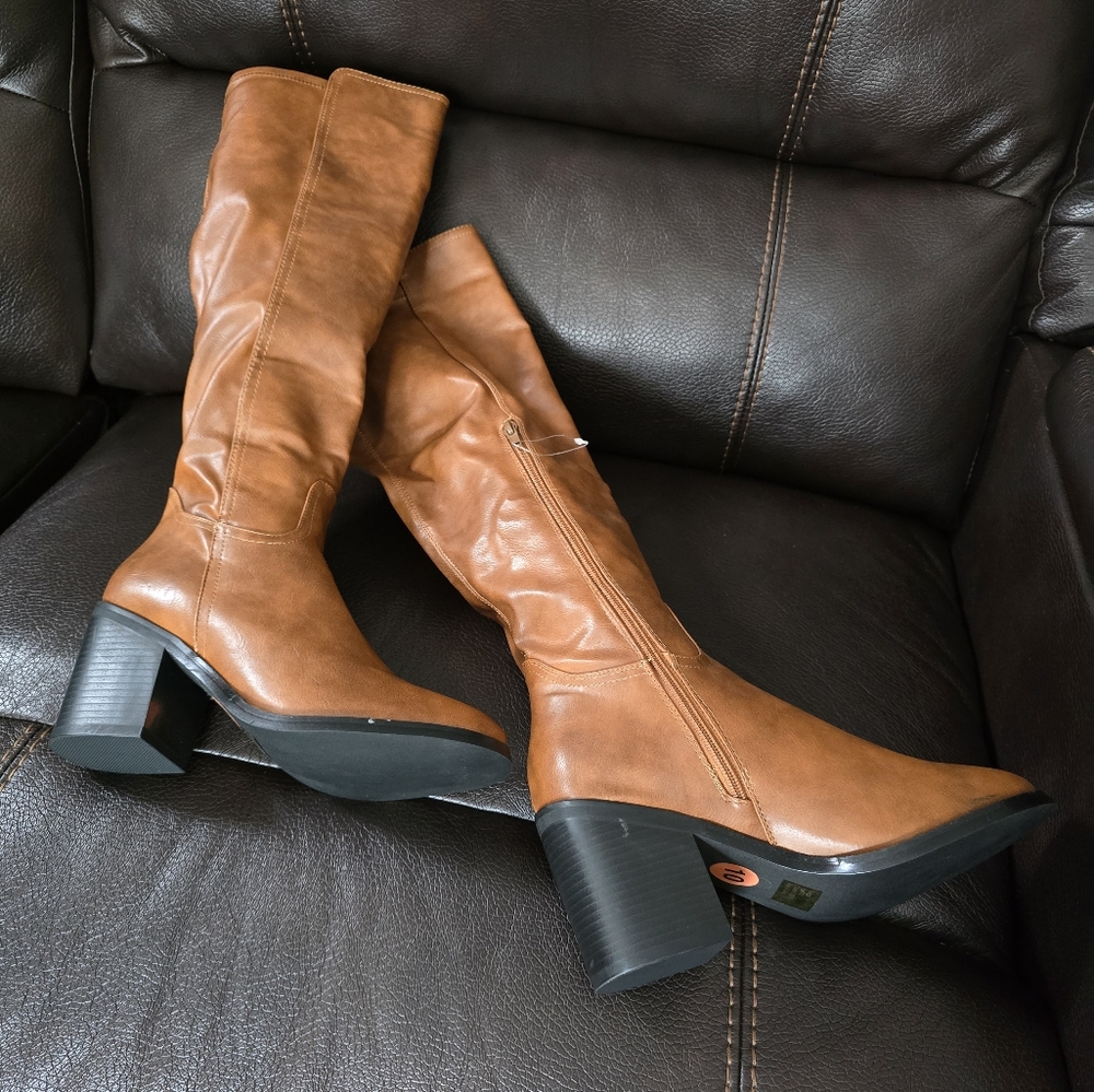 Olivia Miller cognac chunky heel knee high boot